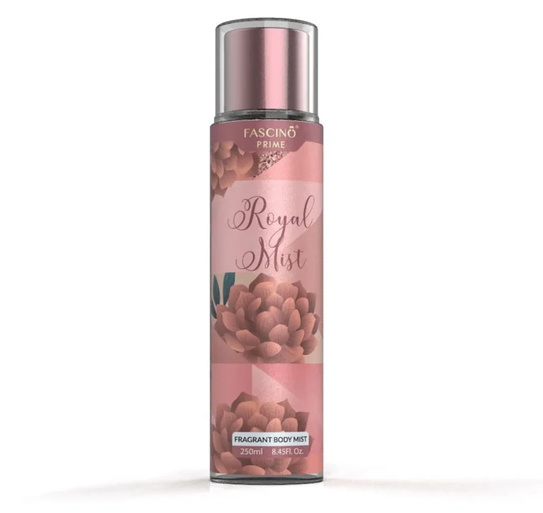 Fascino Royal Mist 250ml body mist bottle with luxurious, elegant packaging showcasing its floral and amber fragrance.