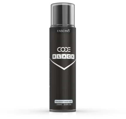 Fascino Code Black 250ml body mist bottle with elegant design, representing bold oriental, spicy, and woody fragrance.