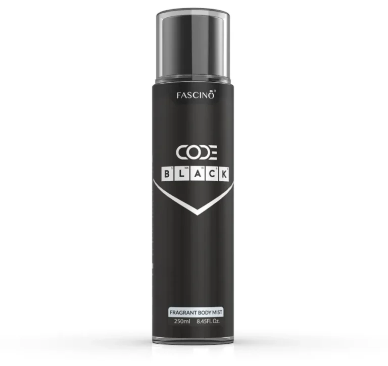 Fascino Code Black 250ml body mist bottle with elegant design, representing bold oriental, spicy, and woody fragrance.