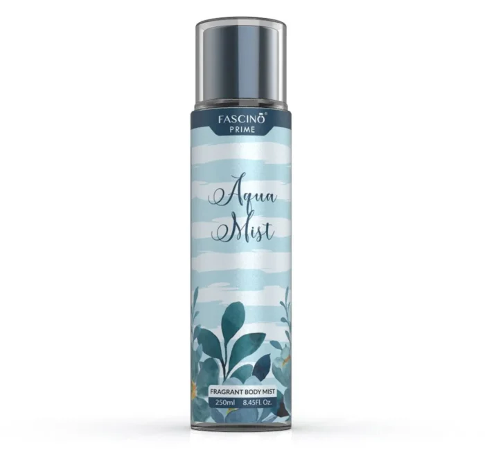 Fascino Aqua Mist 250ml body mist bottle with ocean-inspired design, featuring aquatic, floral, and citrus fragrance notes