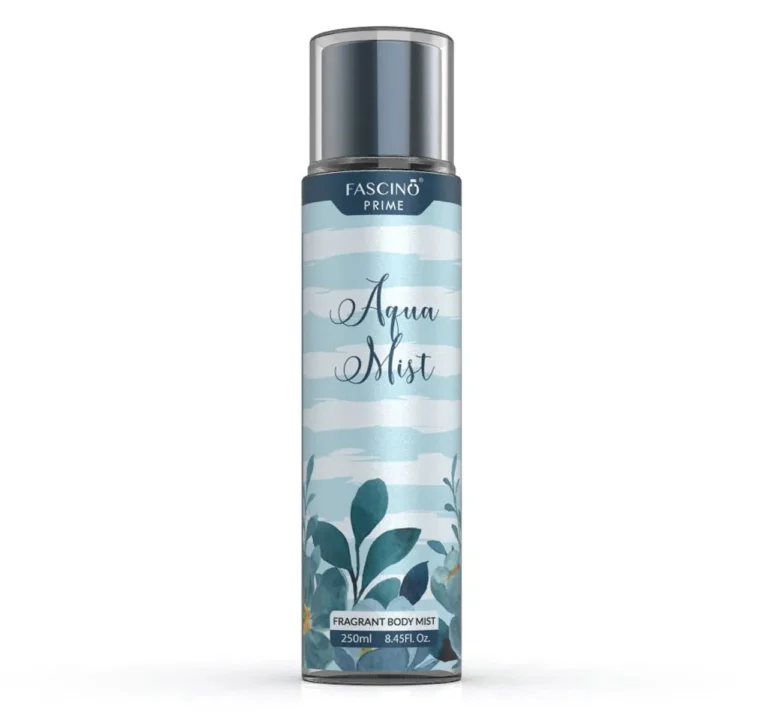 Fascino Aqua Mist 250ml body mist bottle with ocean-inspired design, featuring aquatic, floral, and citrus fragrance notes