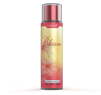 Fascino Blossom 250ml body mist bottle with delicate floral design, representing a fresh, feminine fragrance profile.